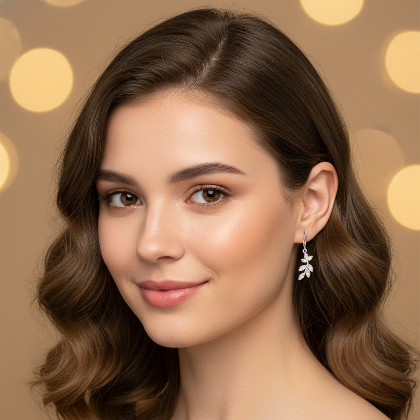 Leaf with Zircons 925 Sterling Silver Earrings for Girls & Women