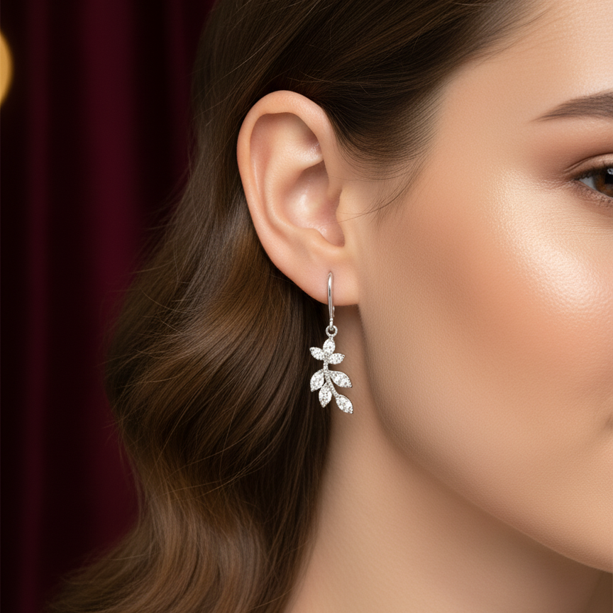 Leaf with Zircon's Silver Earrings for Girls/Women