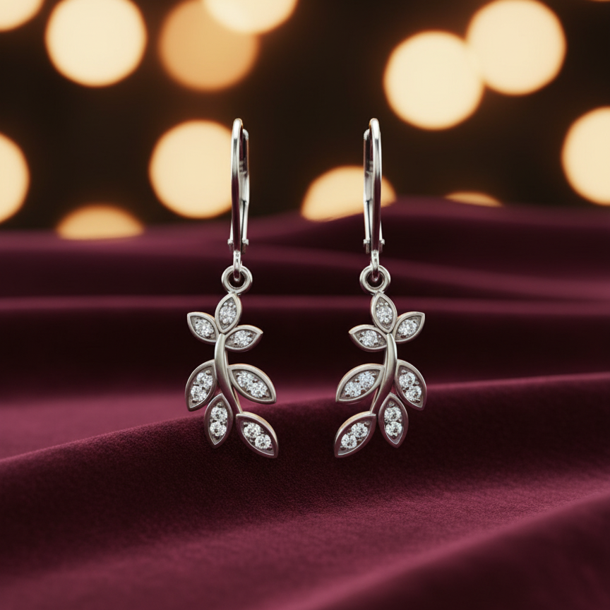 Leaf with Zircon's Silver Earrings for Girls/Women
