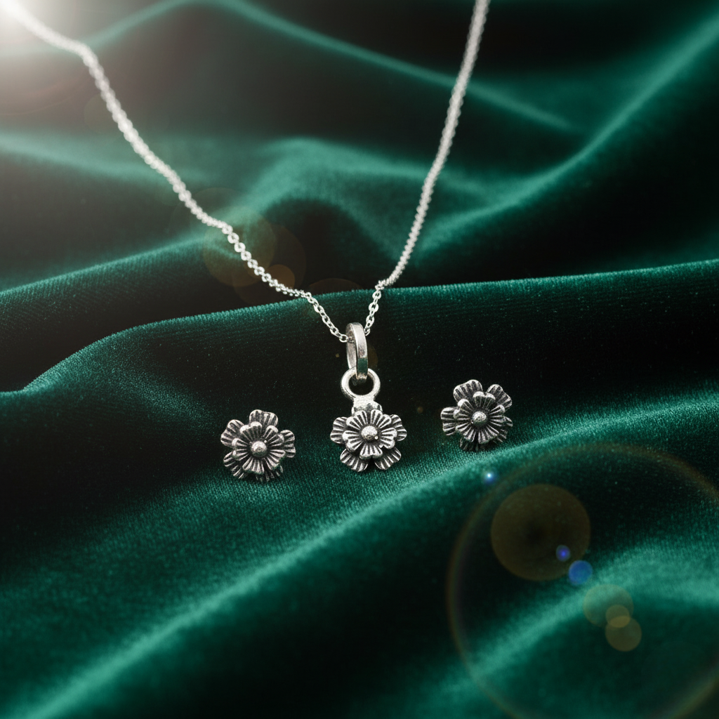 Five Petals Oxidized Sterling Silver Pendent Set With Chain For Women