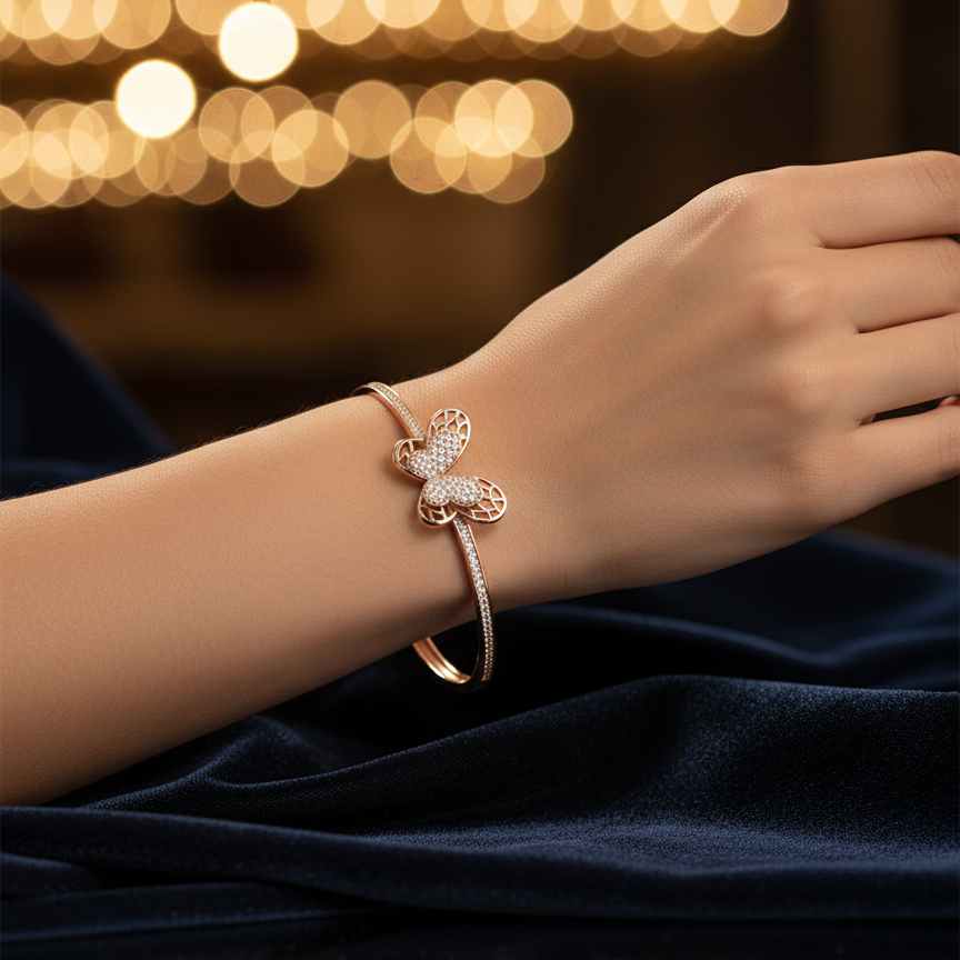 Silver Butterfly Garden Bangle – 925 Sterling Silver & Rose Gold Bracelet for Women - Rivansh
