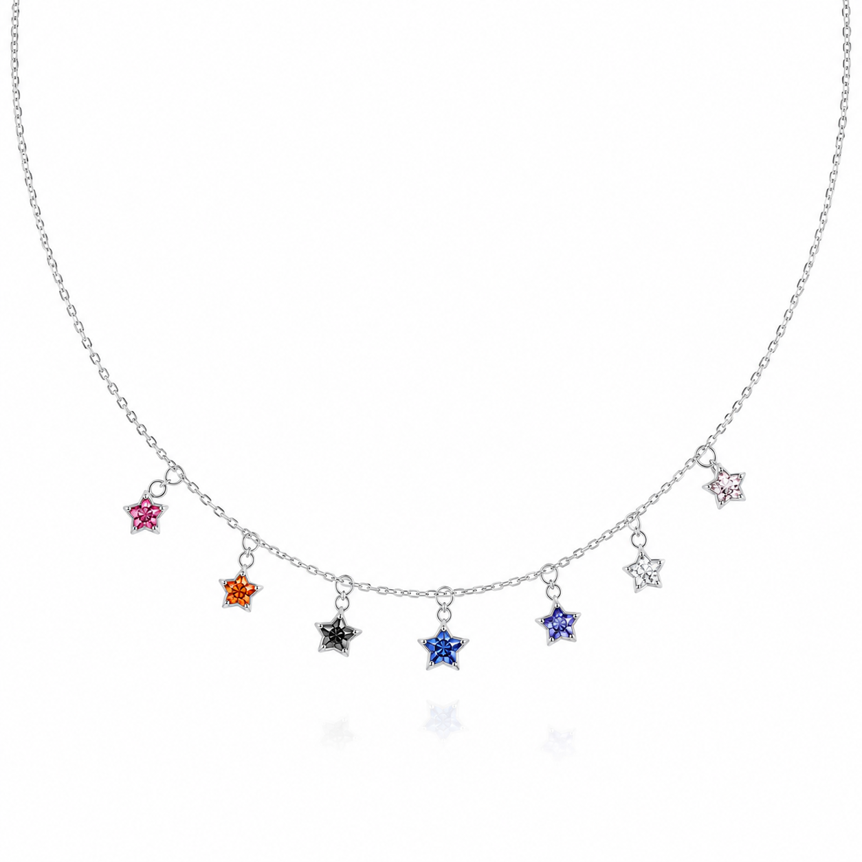 925 silver fringe necklace featuring dangling multi-colored gemstone star charms along the front chain.