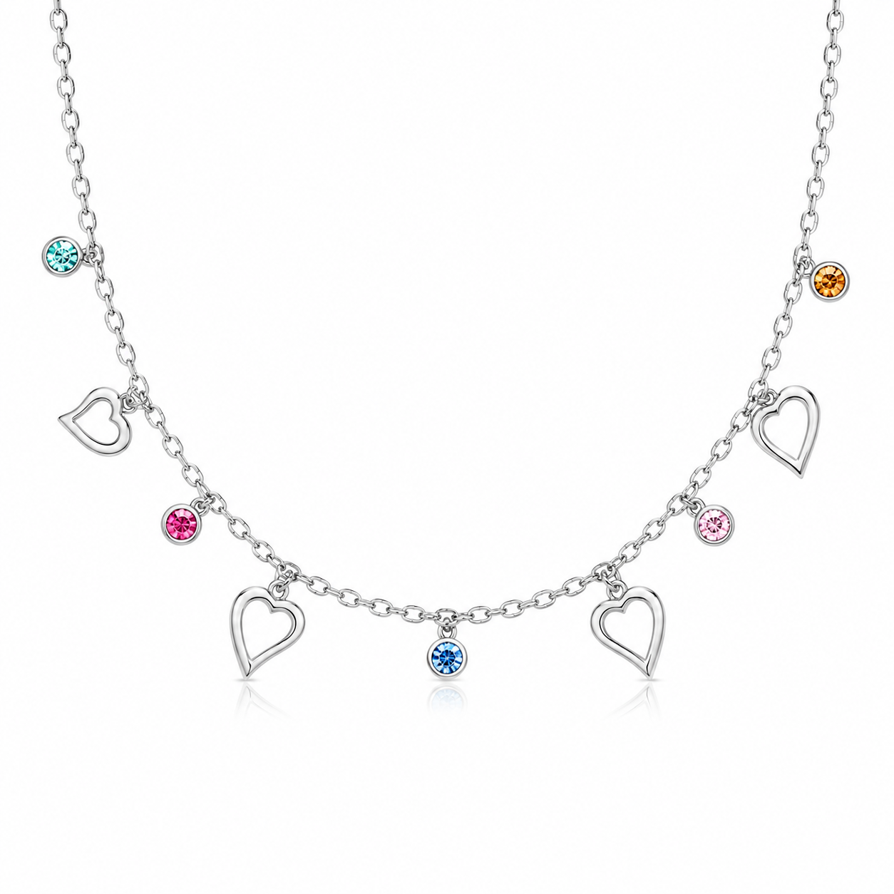 925 sterling silver collar chain featuring alternating open heart frames and multi-colored round gemstones.