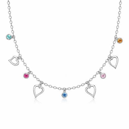 925 sterling silver collar chain featuring alternating open heart frames and multi-colored round gemstones.
