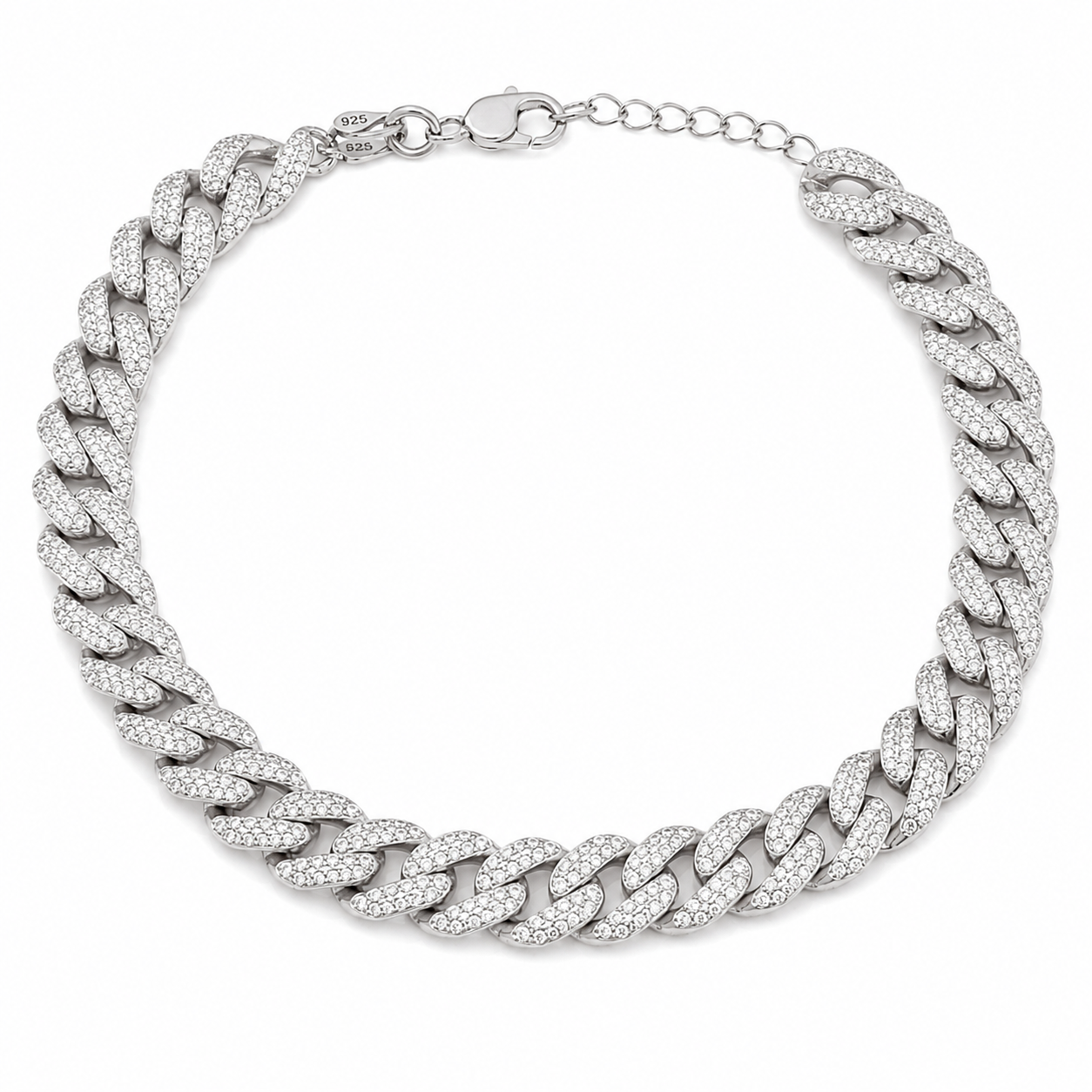 A bold 925 sterling silver Cuban link pet necklace entirely set with clear miniature round stones, shown against a plain light gray surface.