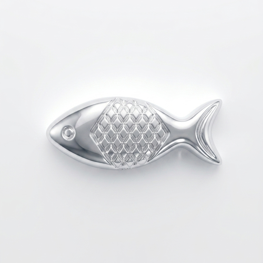 A compact pure silver fish token with a detailed scale pattern and a bright polished finish, displayed against a plain background.