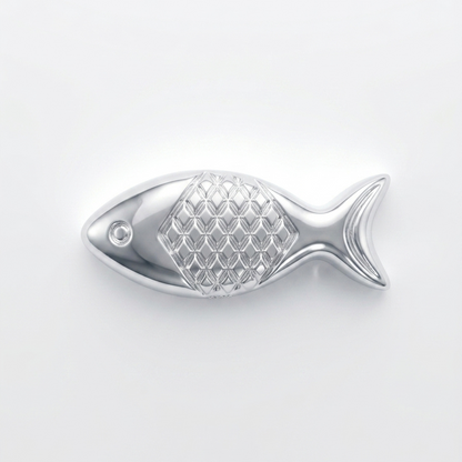 A compact pure silver fish token with a detailed scale pattern and a bright polished finish, displayed against a plain background.