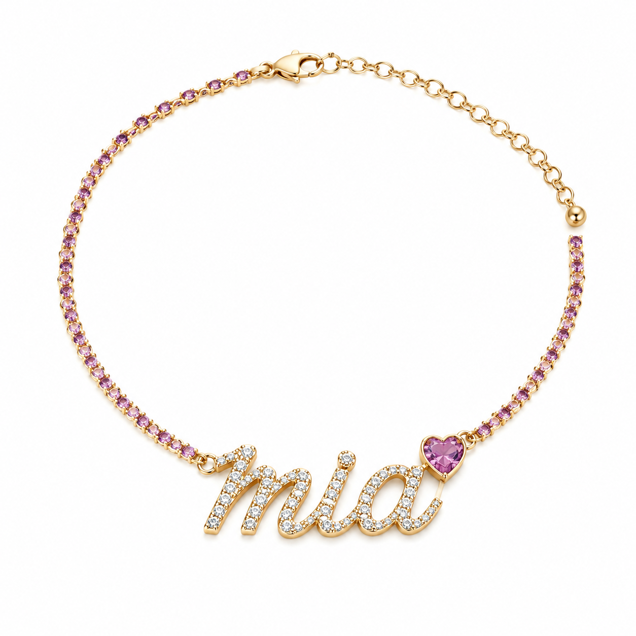 A gold-toned 925 sterling silver pet necklace displaying a stone-encrusted custom script charm spelling 'Mia' next to a pink heart gemstone necklace