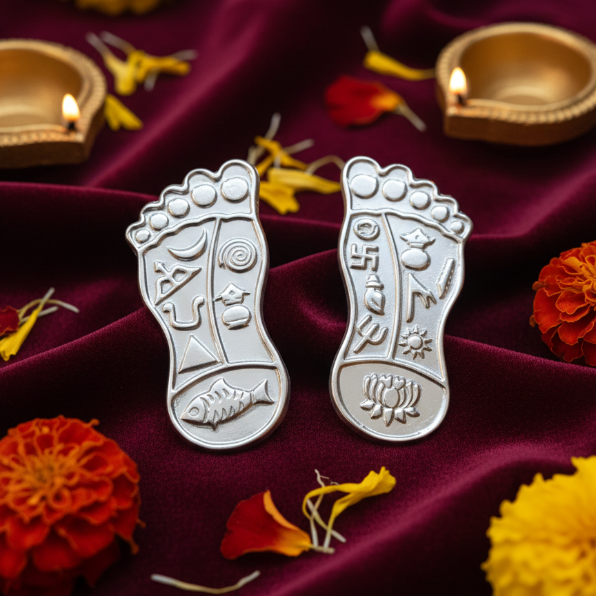 A pair of pure silver Lakshmi Charan footprints with intricate holy carvings placed on a maroon fabric surrounded by orange marigold flowers.