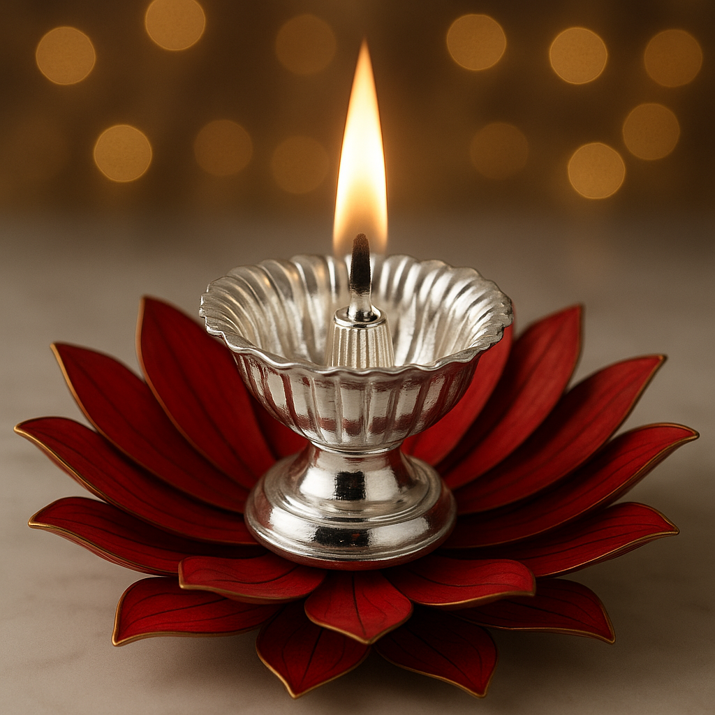 A silver Diya (oil lamp) with a lit wick, placed on a red lotus-like surface, with bokeh lights in the background.