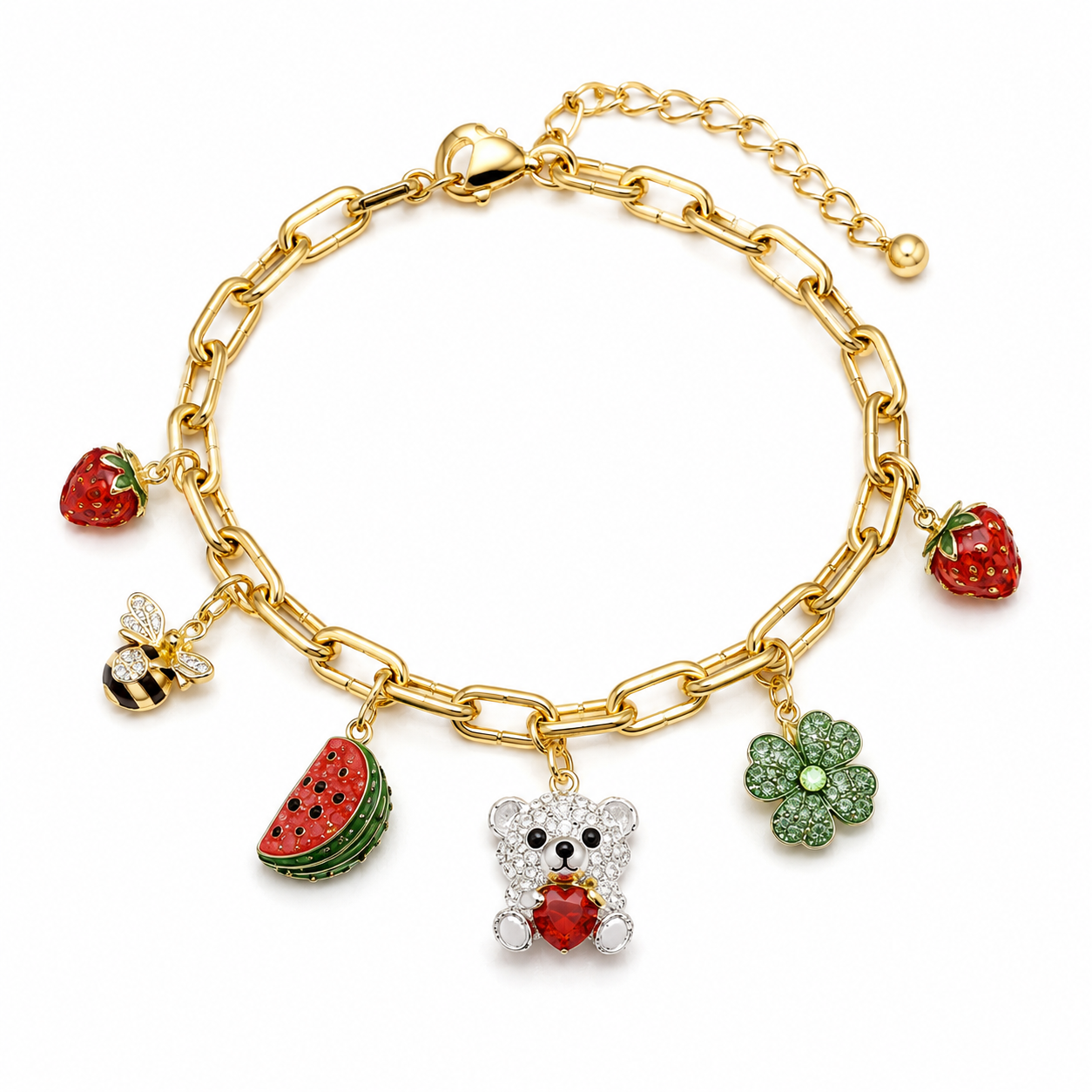 A yellow gold-toned 925 sterling silver pet chain necklace adorned with charms including a bee, strawberry, clover, and a teddy bear.