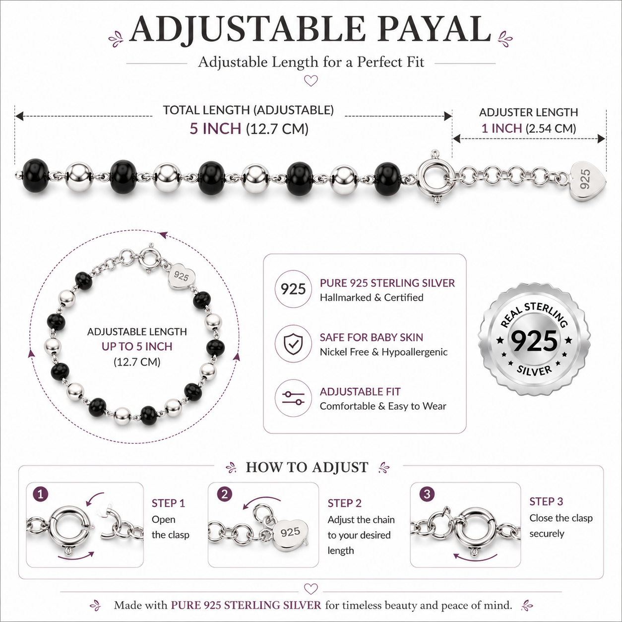 Adjustable Payal bracelet with black and silver beads and measurement details on a white background.