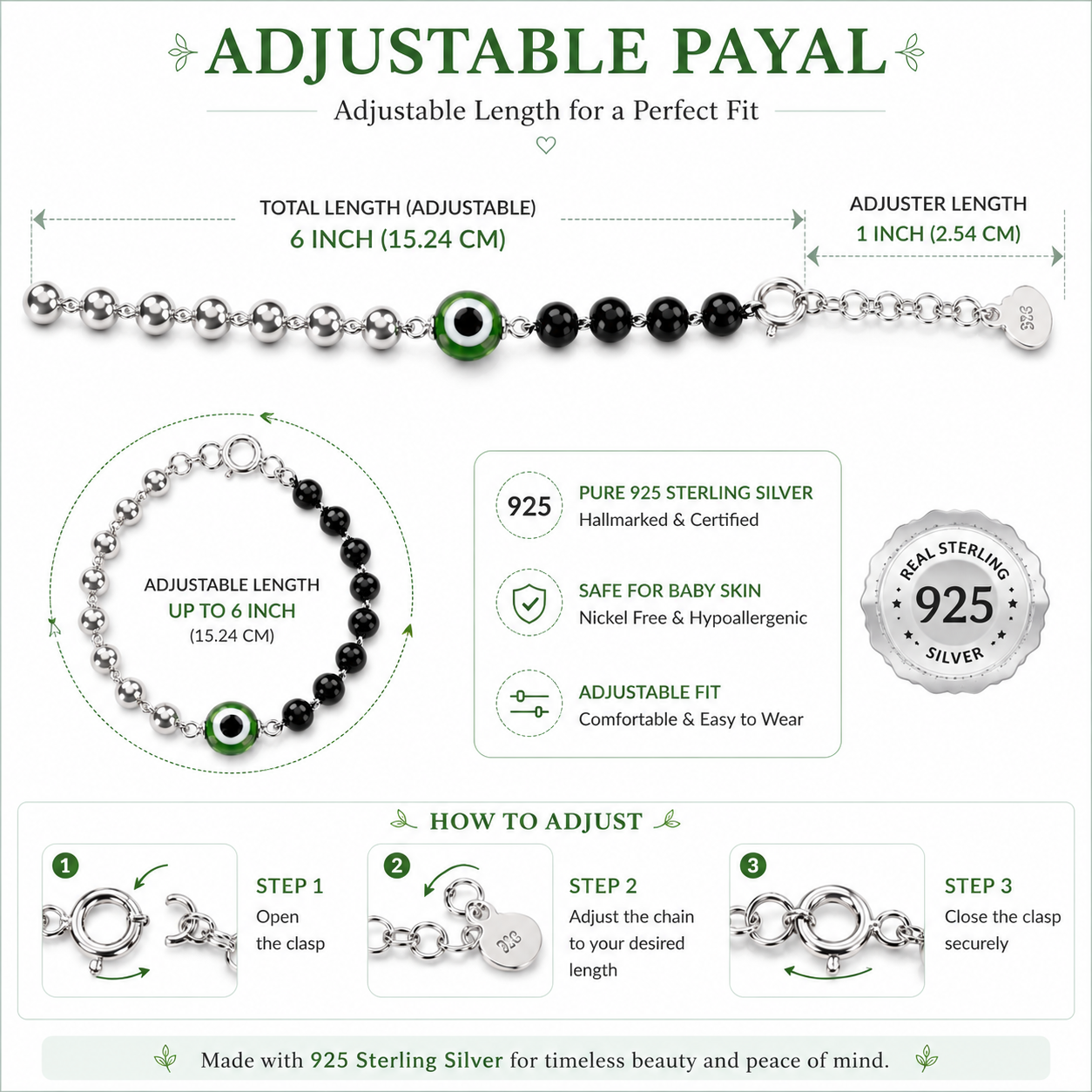 Adjustable Payal bracelet with detailed specifications and features on a white background