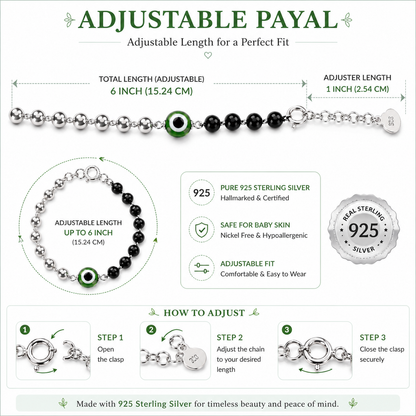 Adjustable Payal bracelet with detailed specifications and features on a white background