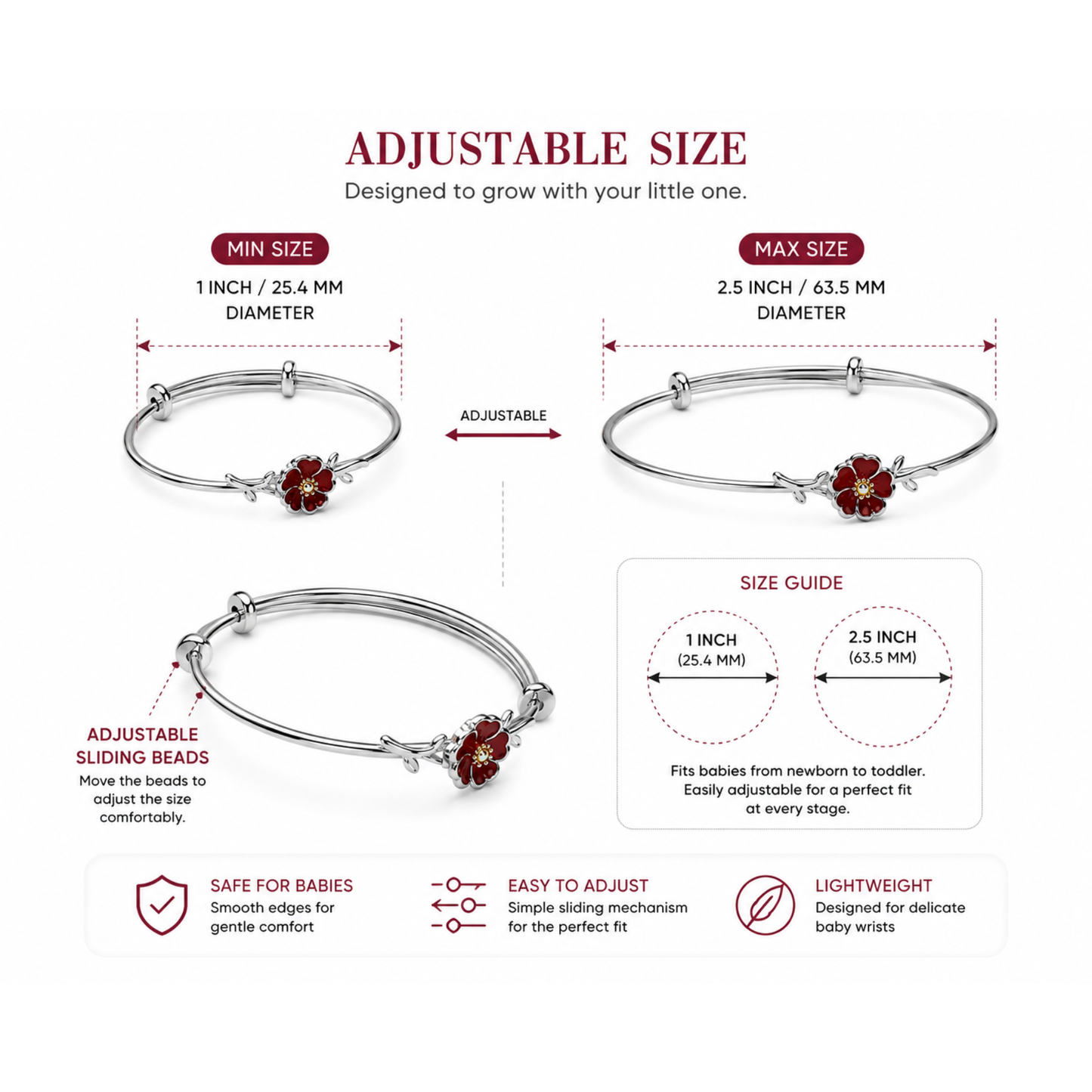 Adjustable baby bracelet with size guide on a white background