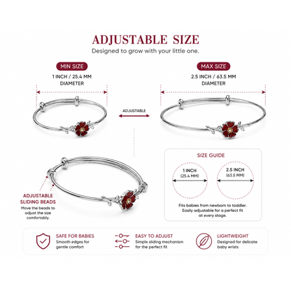 Adjustable baby bracelet with size guide on a white background