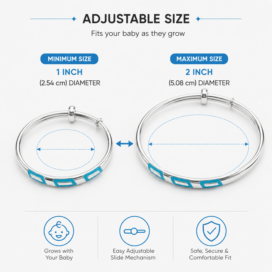 Adjustable baby bracelet with size measurement chart on a white background