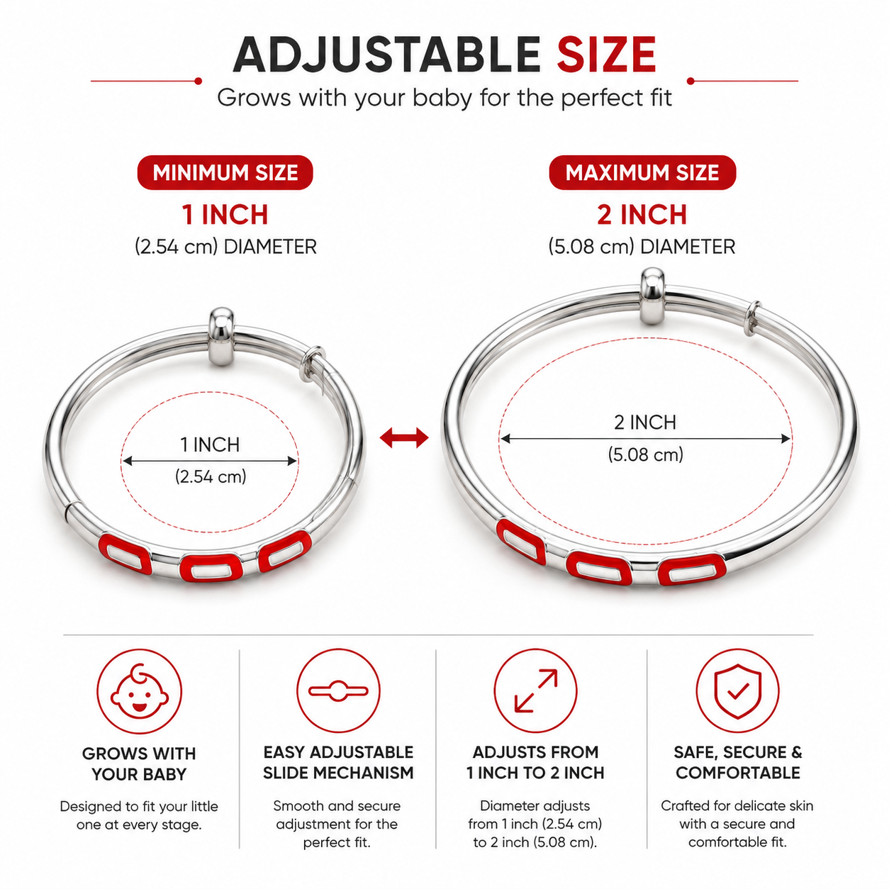 Adjustable baby ring with size measurement chart on a white background