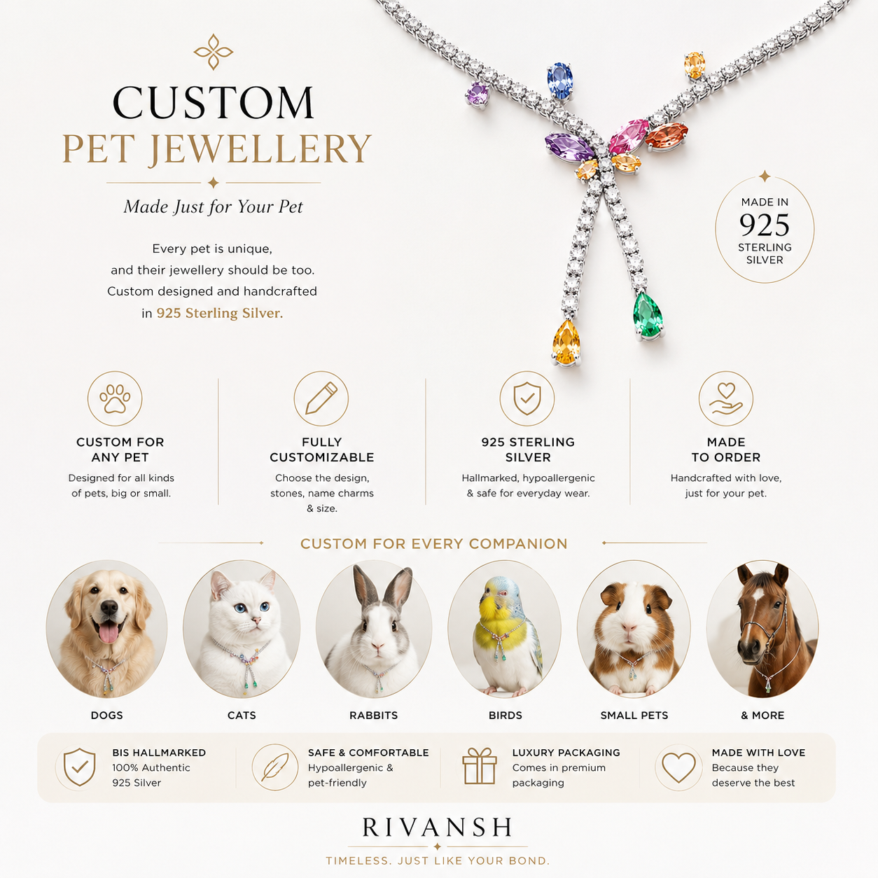Advertisement for custom pet jewelry by RIVANSH, featuring a necklace with colorful gemstones and images of various pets.