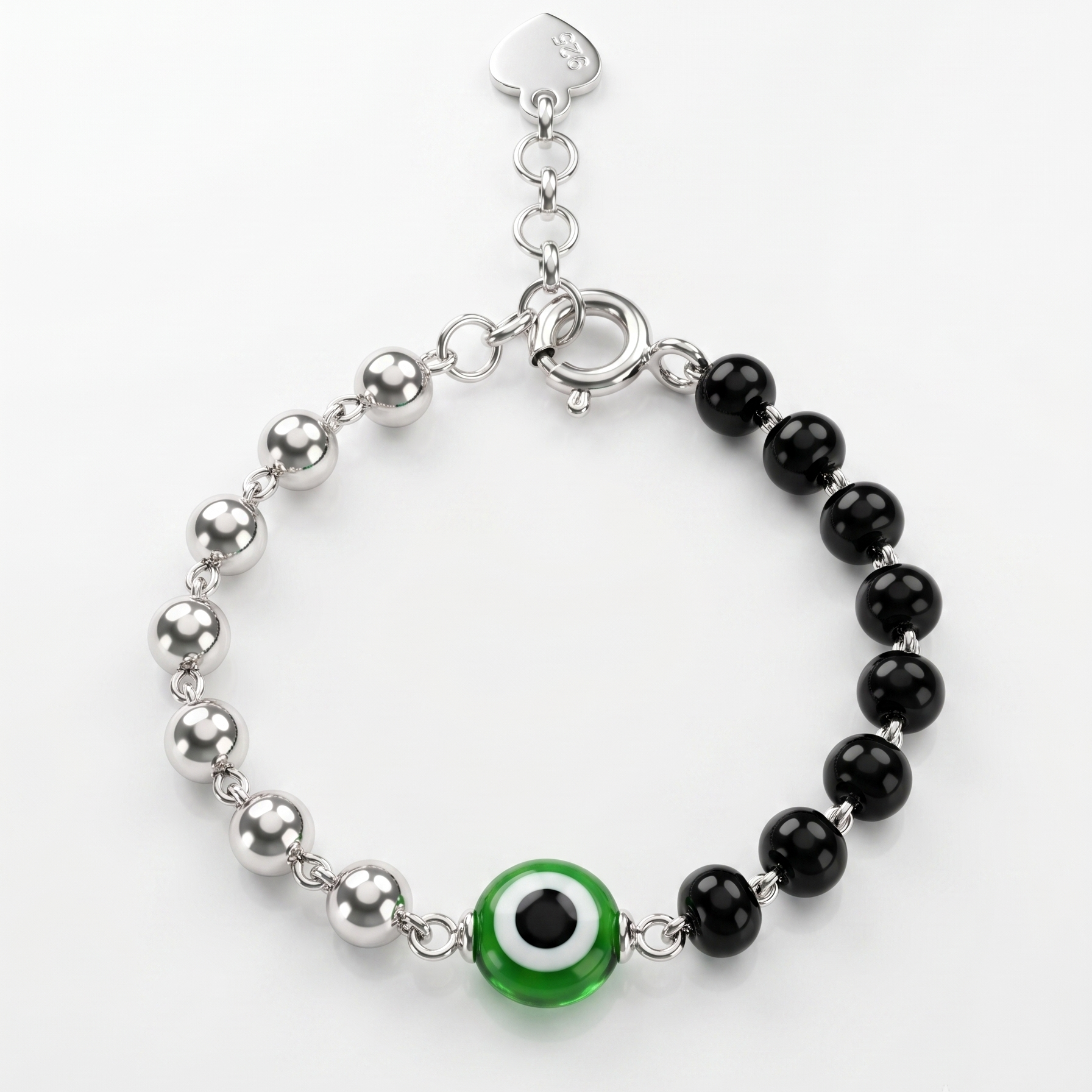 Bracelet with black beads and a green evil eye charm on a white background