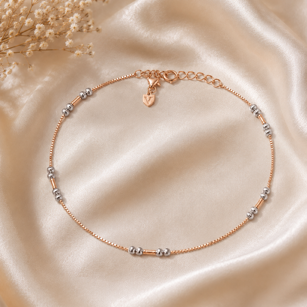 Buy our Rose Gold Box Chain Silver Bead Multi-Tone Anklet. BIS hallmarked 925 silver base with premium plating, perfect for mixed-metal styling.