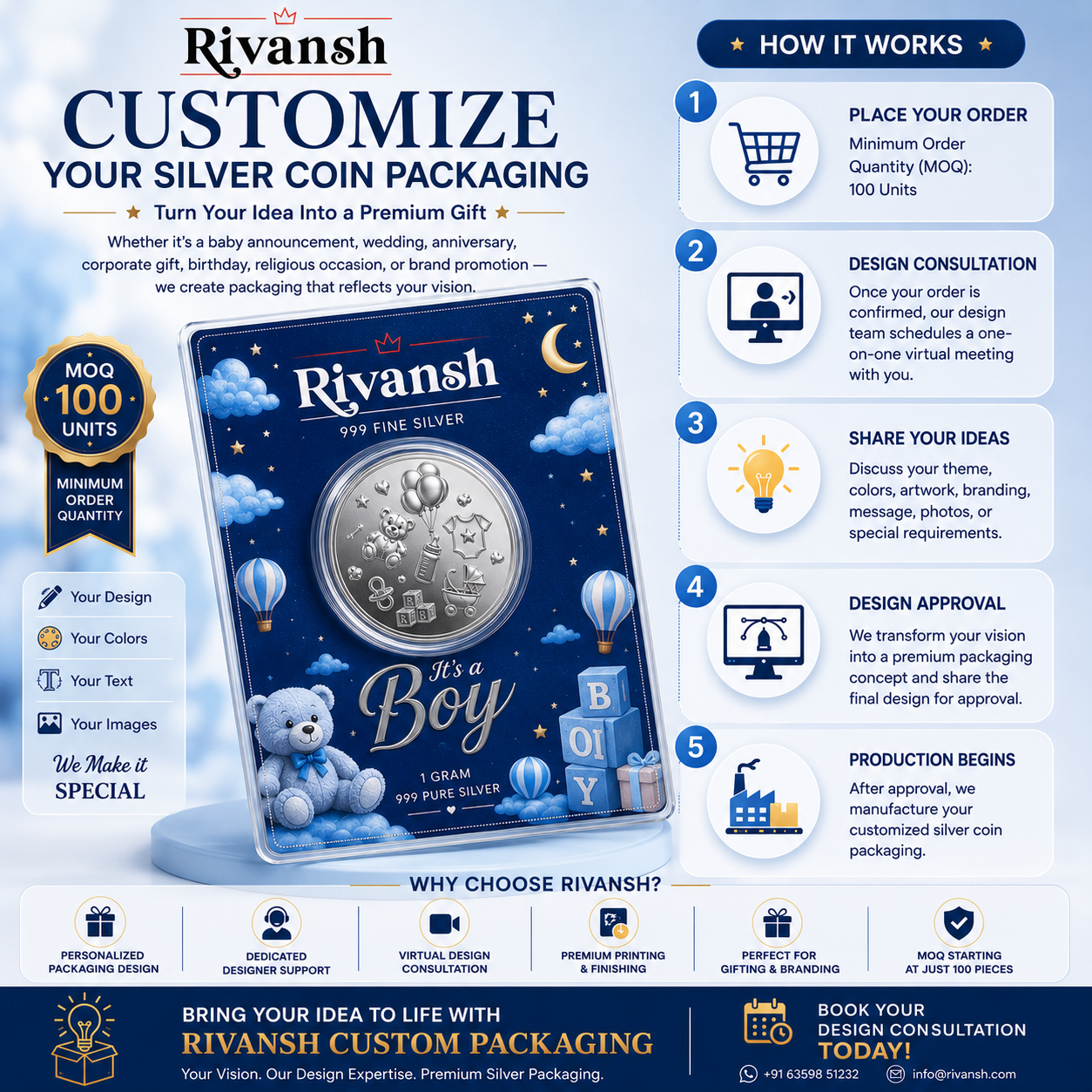 Customizable Silver Coin for Baby Boy, Round Shape, 1 g Coin in Size of 100g
