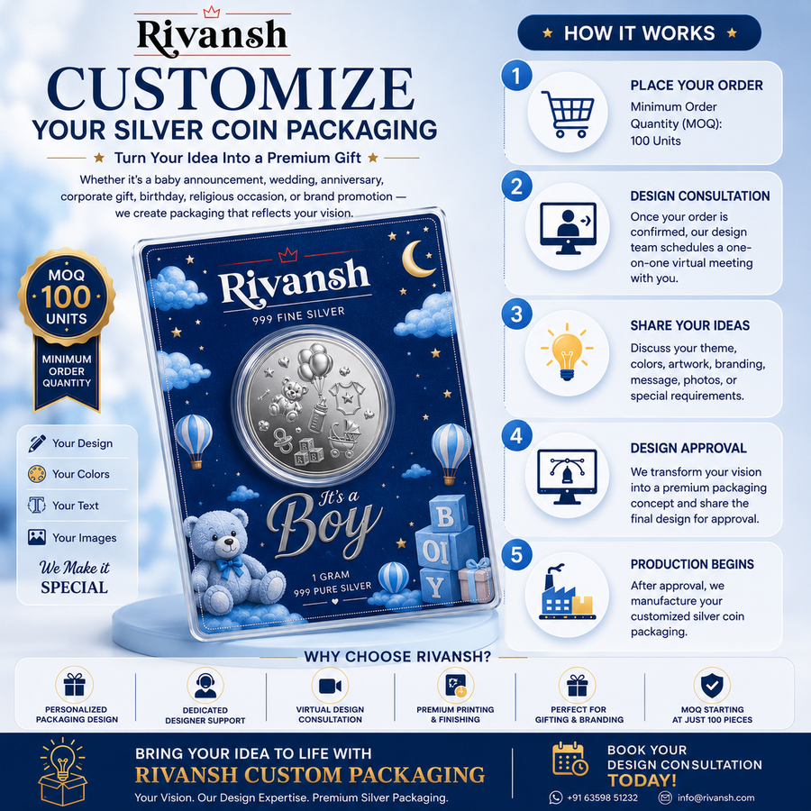 Customizable Silver Coin for Baby Boy, Round Shape, 1 g Coin in Size of 100g
