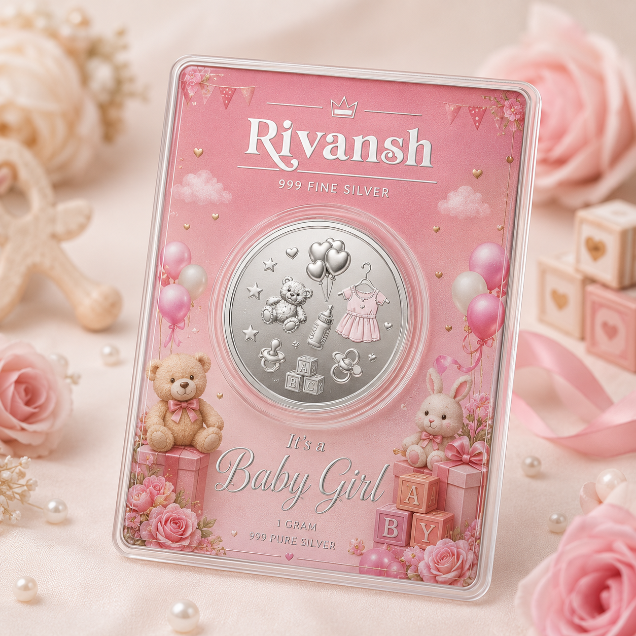 Customizable Silver Coin for Baby Girl, Round Shape, 1 g Coin in Size of 100g