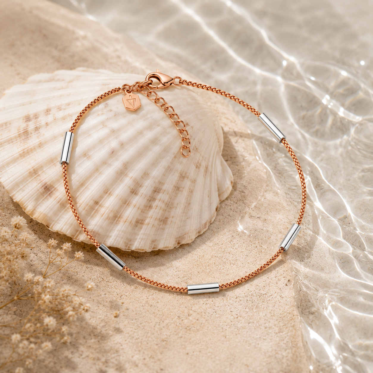 Minimalist Rose Gold Chain Anklet with Silver Tubes