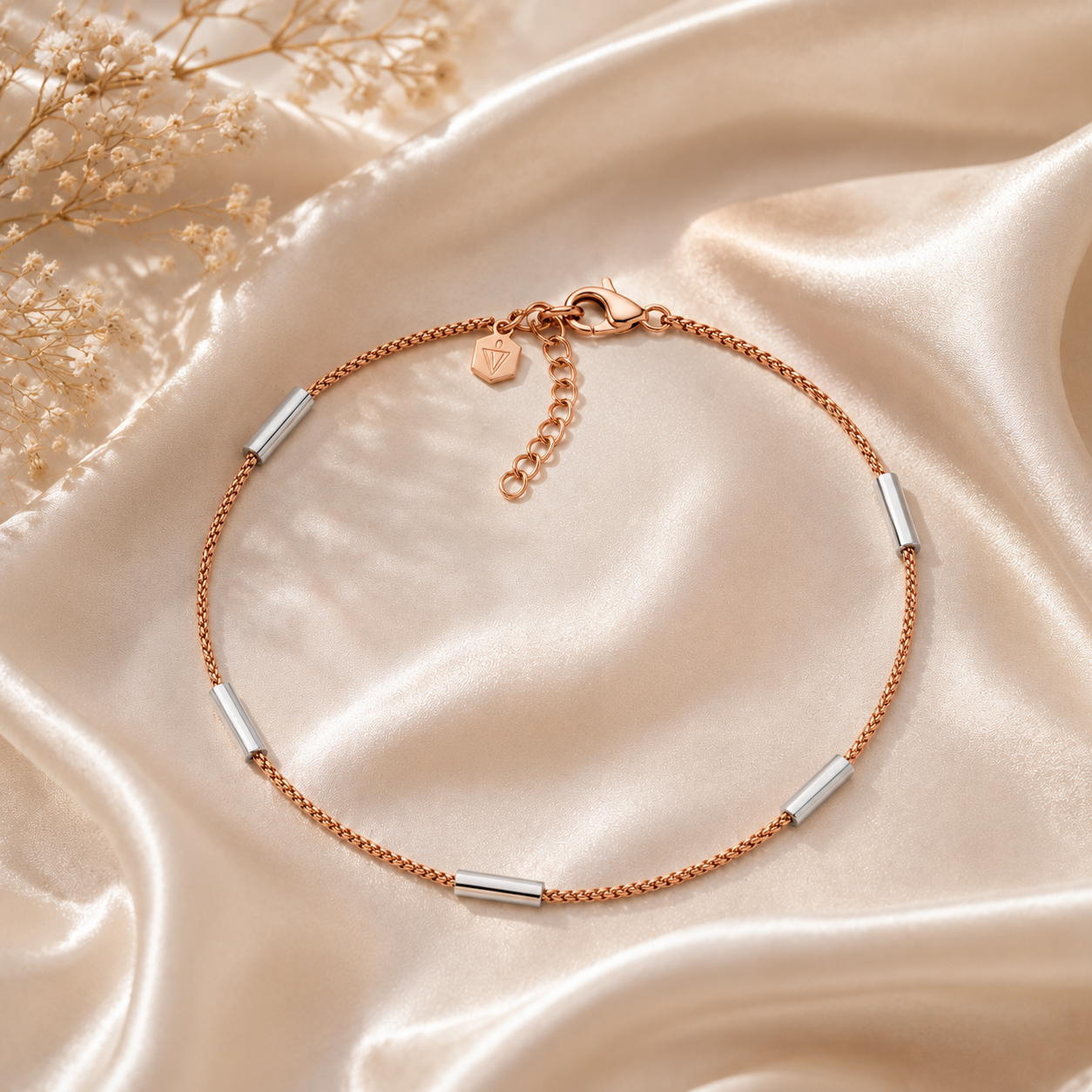 Minimalist Rose Gold Chain Anklet with Silver Tubes