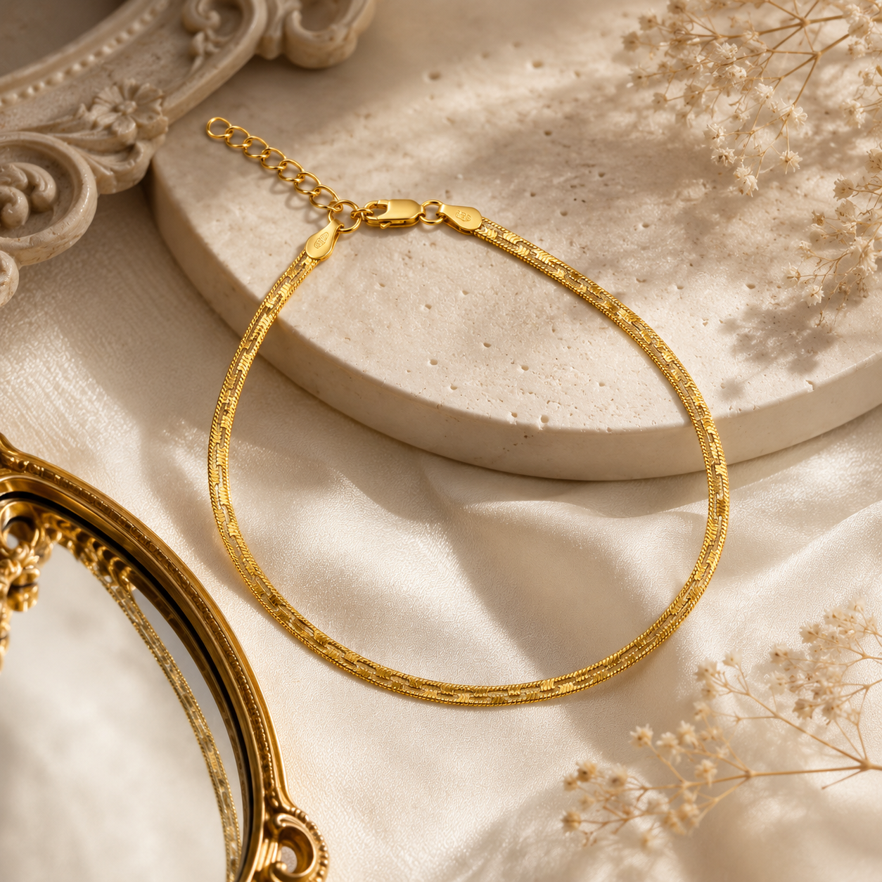Flat Gold Textured Herringbone Snake Chain Anklet
