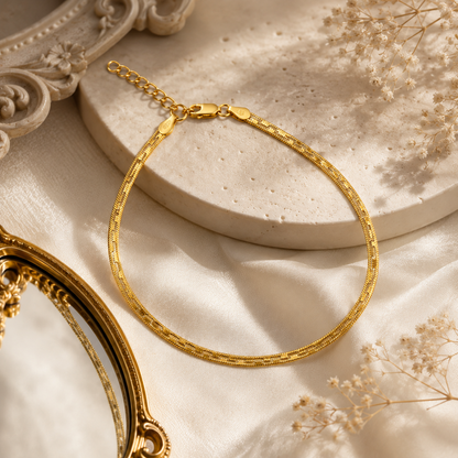 Flat Gold Textured Herringbone Snake Chain Anklet