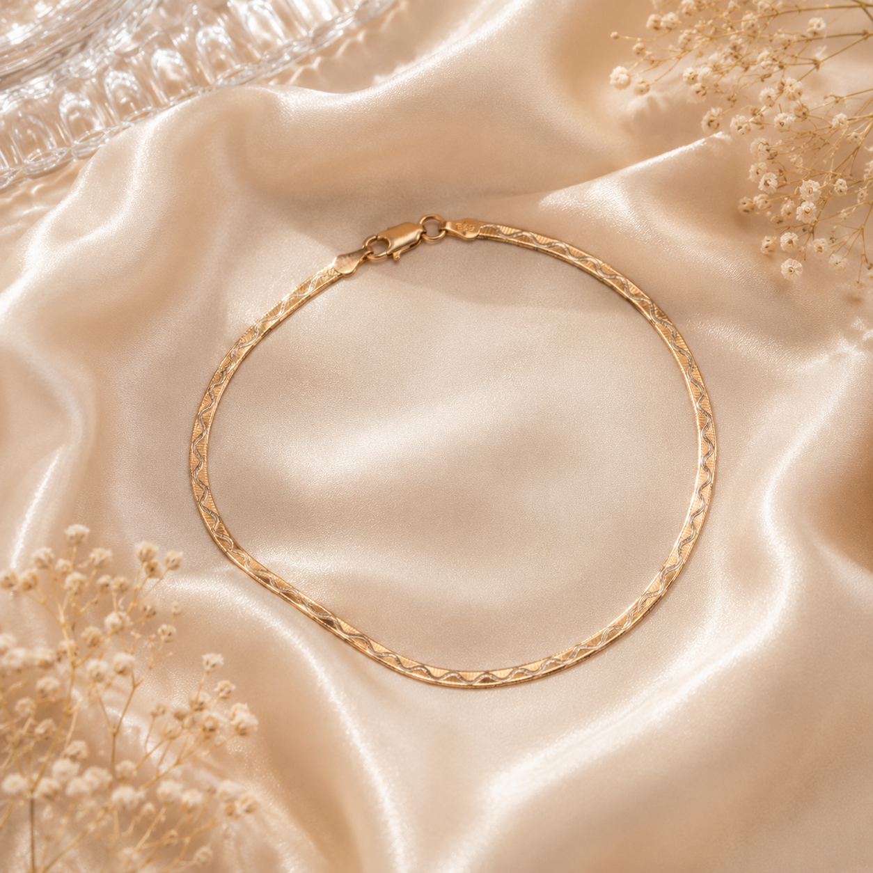 Flat Gold Herringbone Chain Anklet with Textured Wave Design