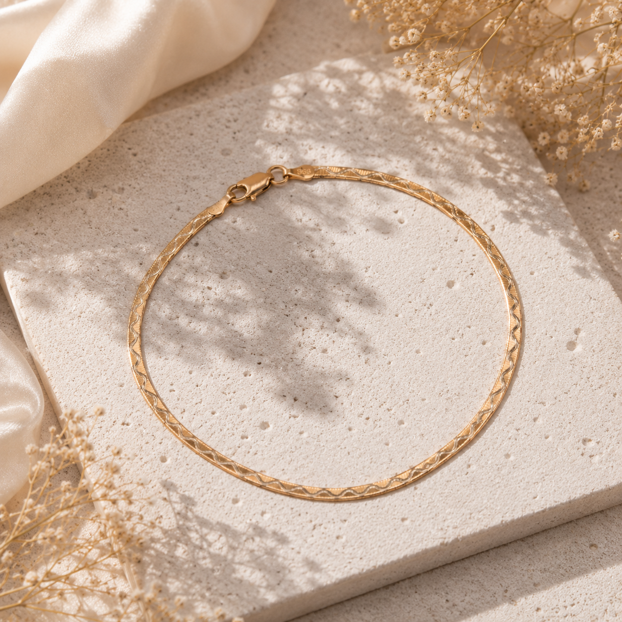 Flat Gold Herringbone Chain Anklet with Textured Wave Design