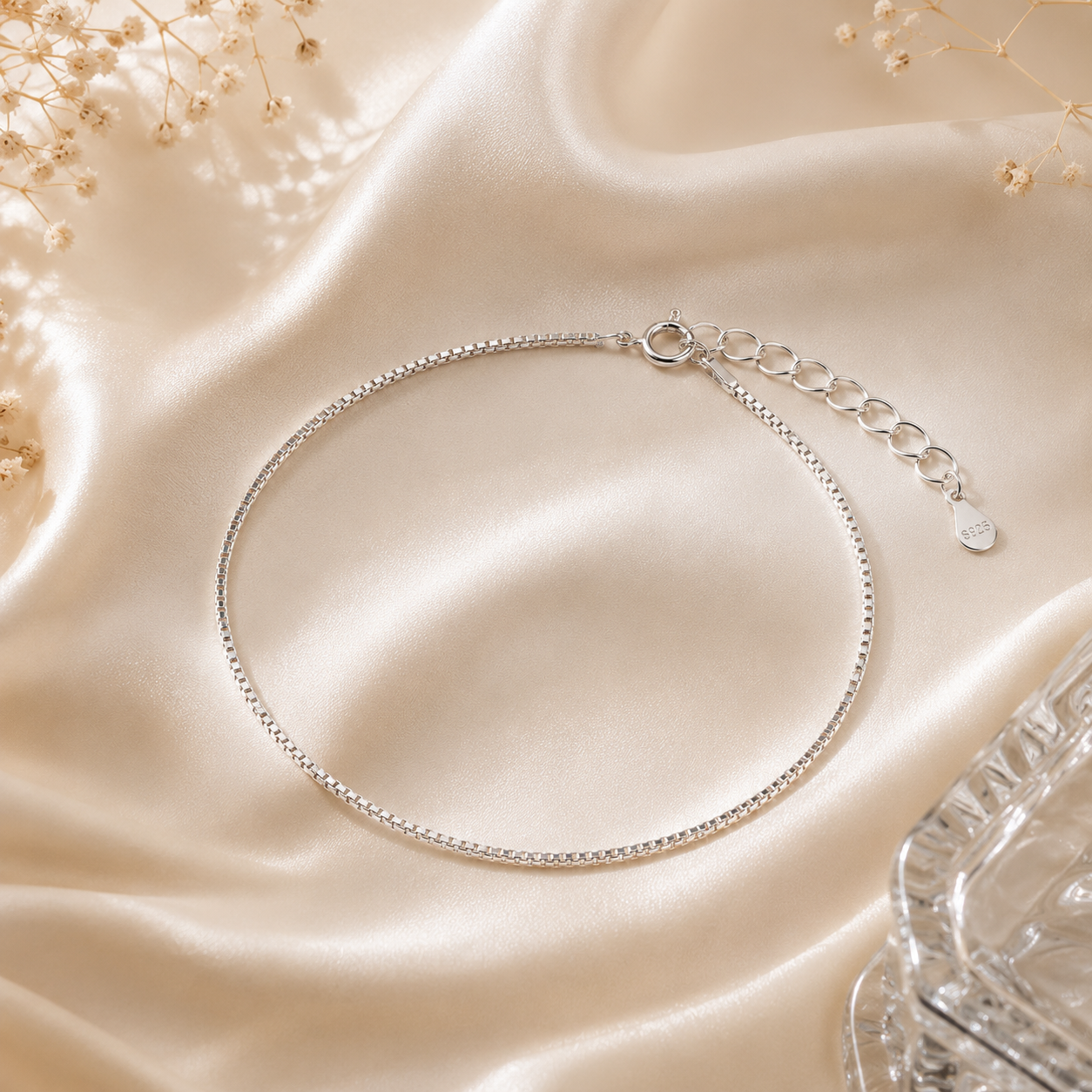 925 Sterling Silver Minimalist Box Chain Anklet