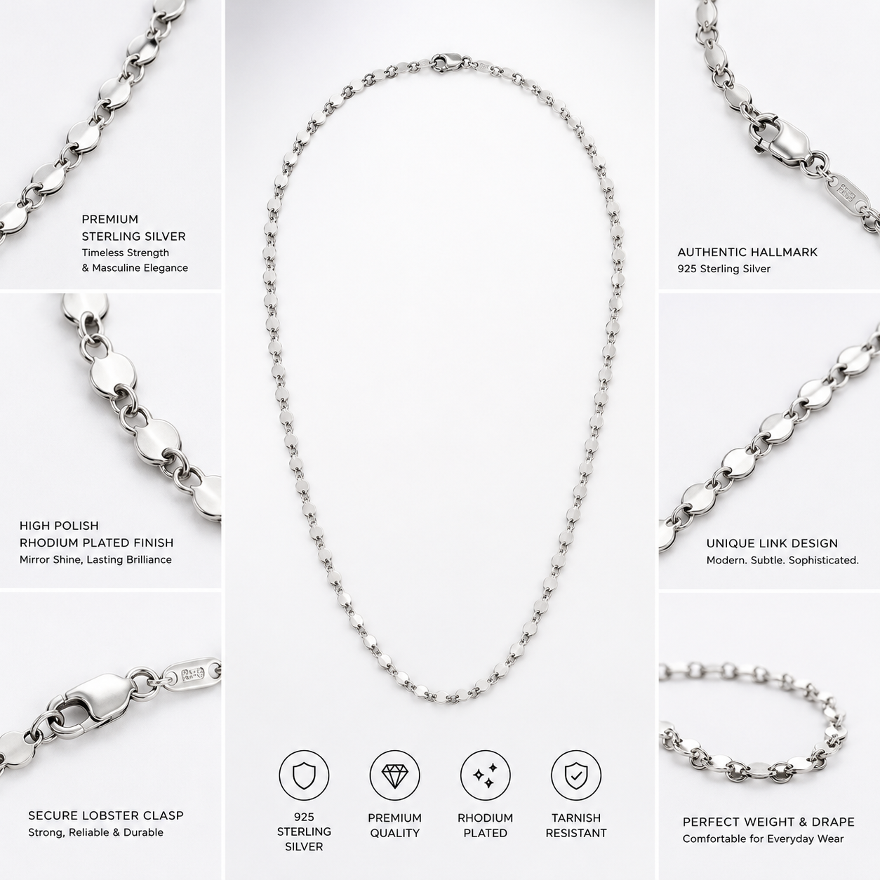 925 Sterling Silver Men's Flat Disc Link Chain Necklace