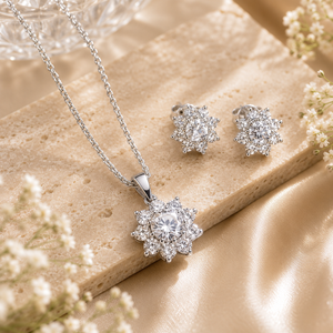 Diamond Petal Sterling Silver Pendant Set