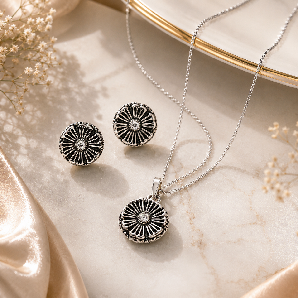Oxidized Silver Flower Pendent Set With Chain For Women (92.5 Sterling Silver)