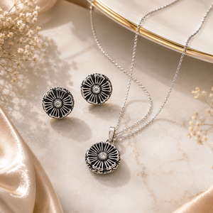 Oxidized Silver Flower Pendent Set With Chain For Women (92.5 Sterling Silver)