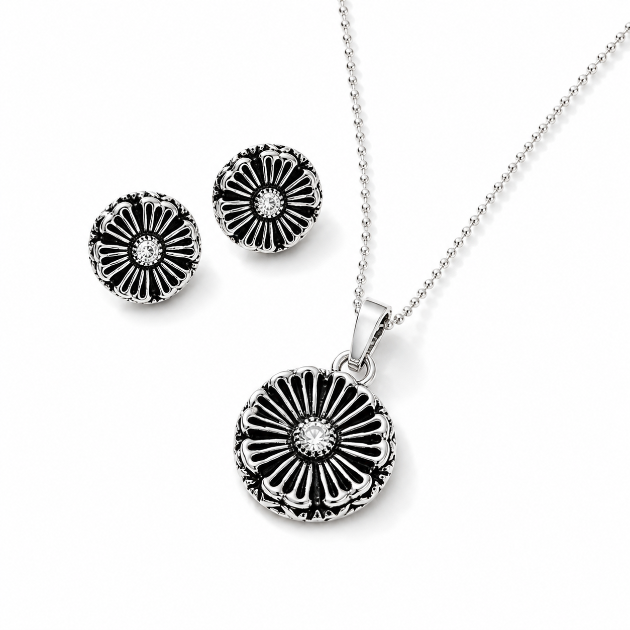Oxidized Silver Flower Pendent Set With Chain For Women (92.5 Sterling Silver)