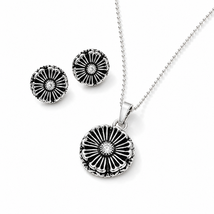 Oxidized Silver Flower Pendent Set With Chain For Women (92.5 Sterling Silver)