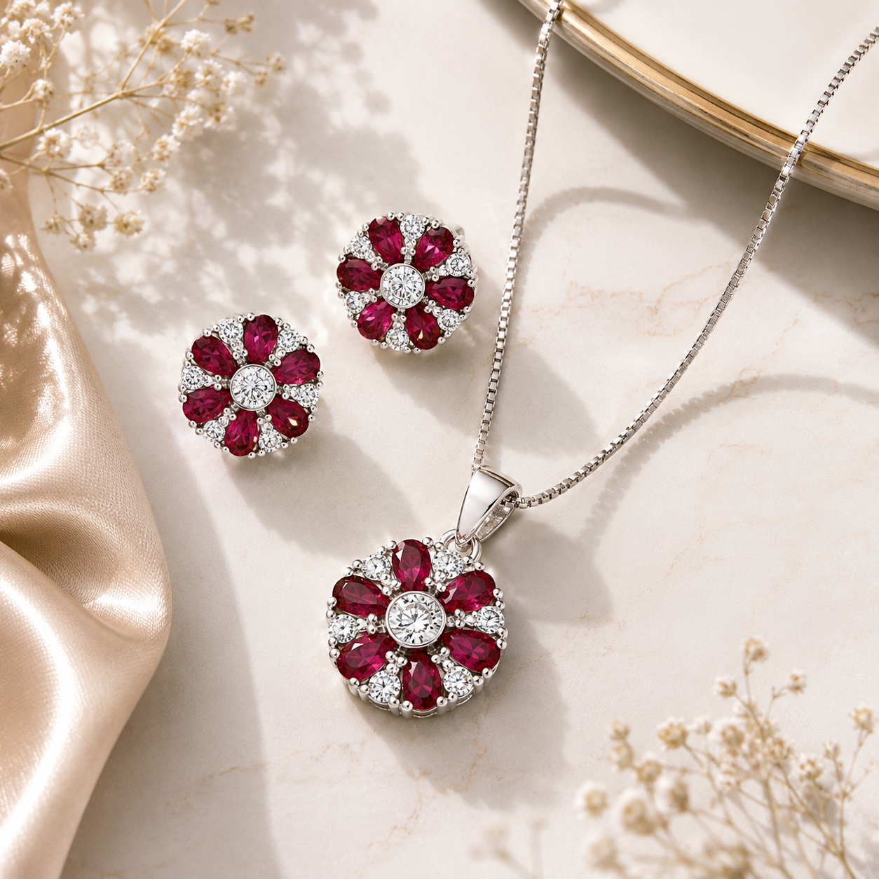 The Emerald Floret Sterling Silver Pendant Set