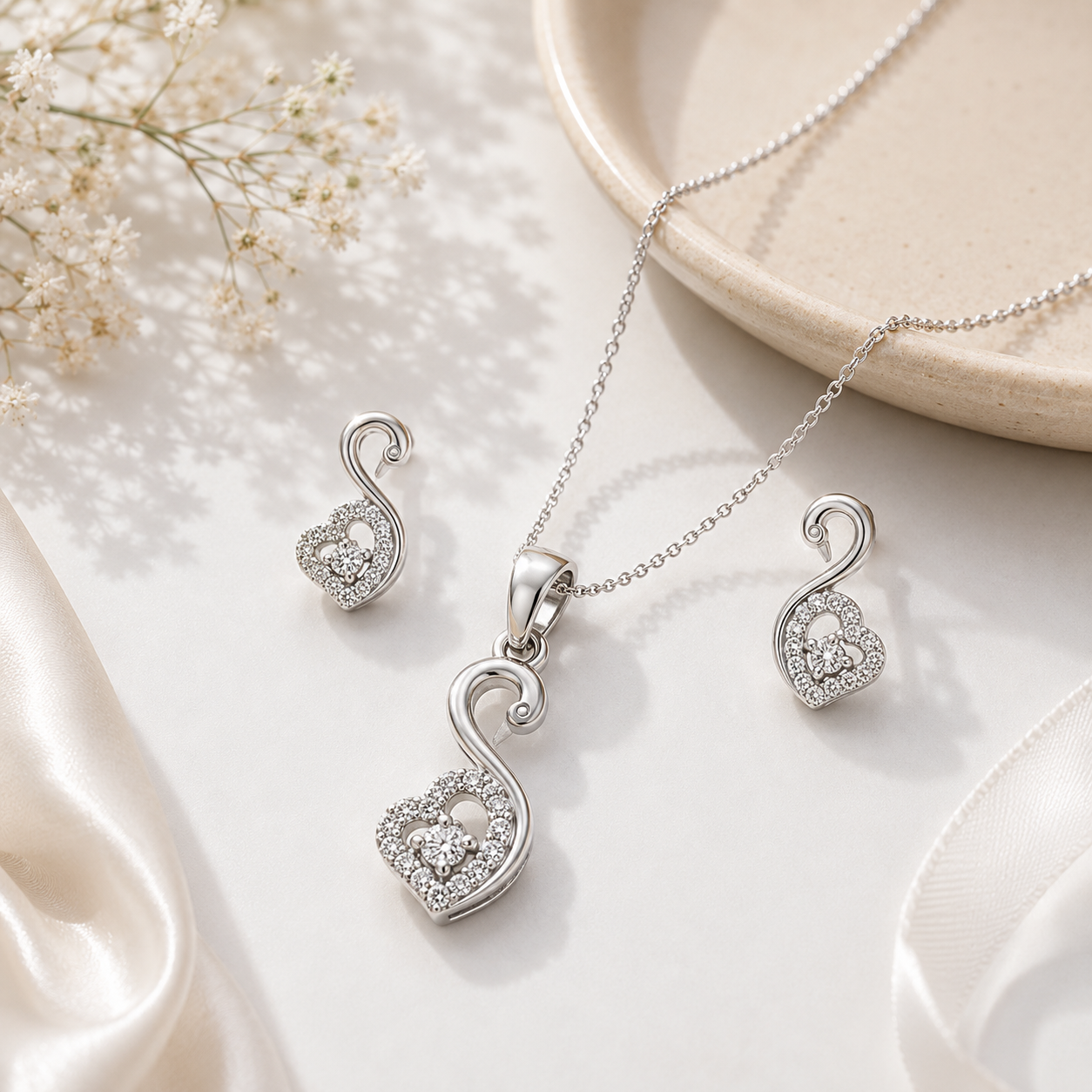 Swan with Zircons heart Sterling Silver Pendant Set