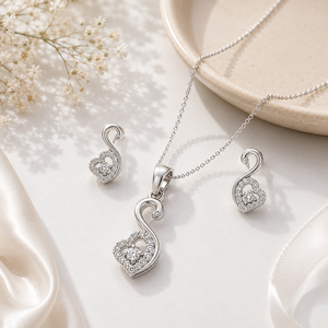 Swan with Zircons heart Sterling Silver Pendant Set