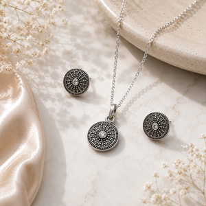 Oxidized Sterling Silver Wheel Pendent Set For Women