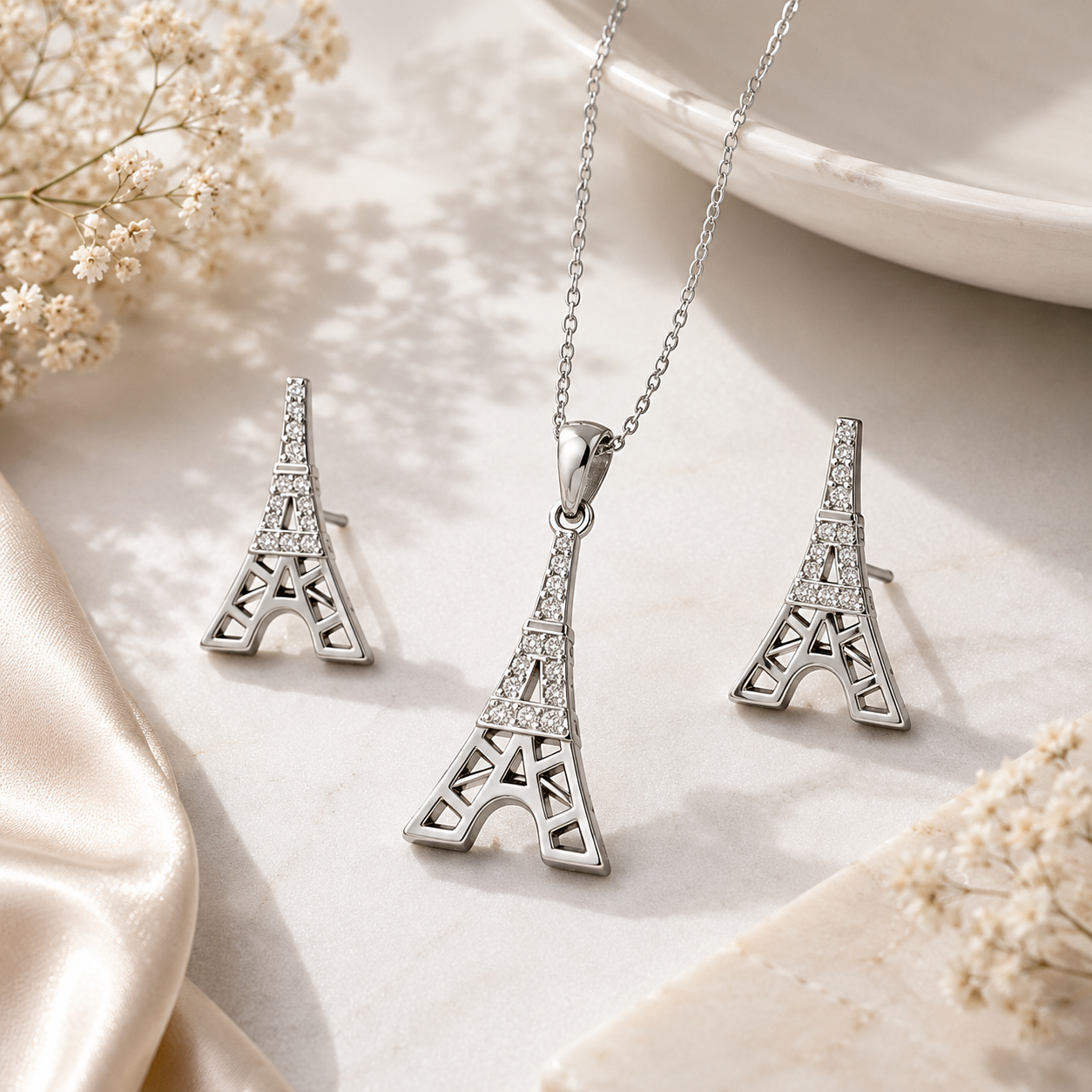 Eiffel Tower Sterling Silver Pendent Set for Women