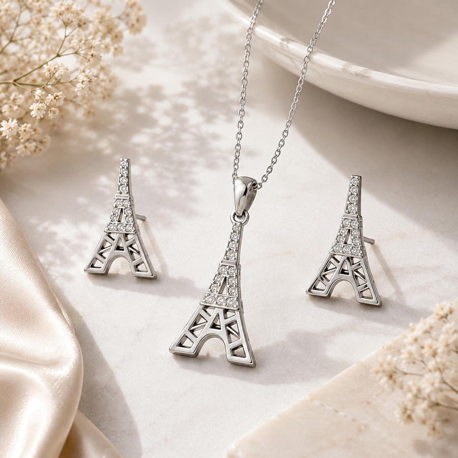 Eiffel Tower Sterling Silver Pendent Set for Women