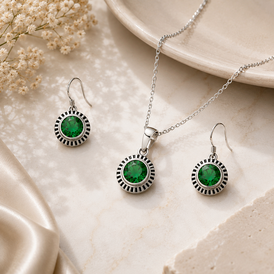 Green Stone Sunflower Pendent Sterling Silver Pendant Set for Women