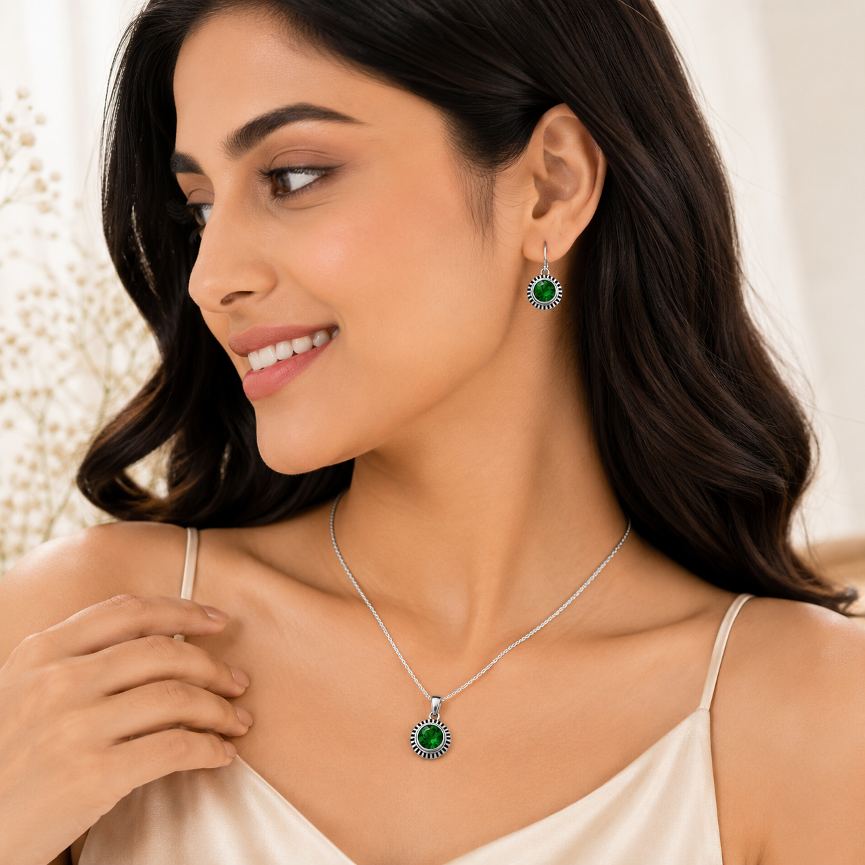 Green Stone Sunflower Pendent Sterling Silver Pendant Set for Women