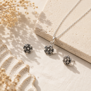 Five Petals Oxidized Sterling Silver Pendent Set For Women